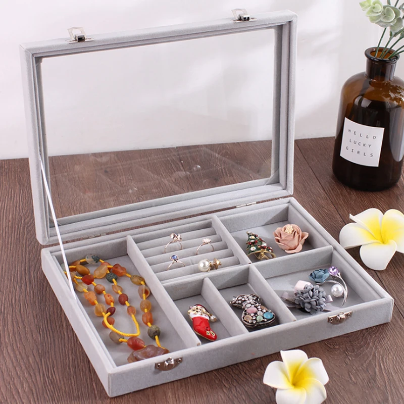 Бархатный серый чехол для ювелирных изделий со стеклянной крышкой