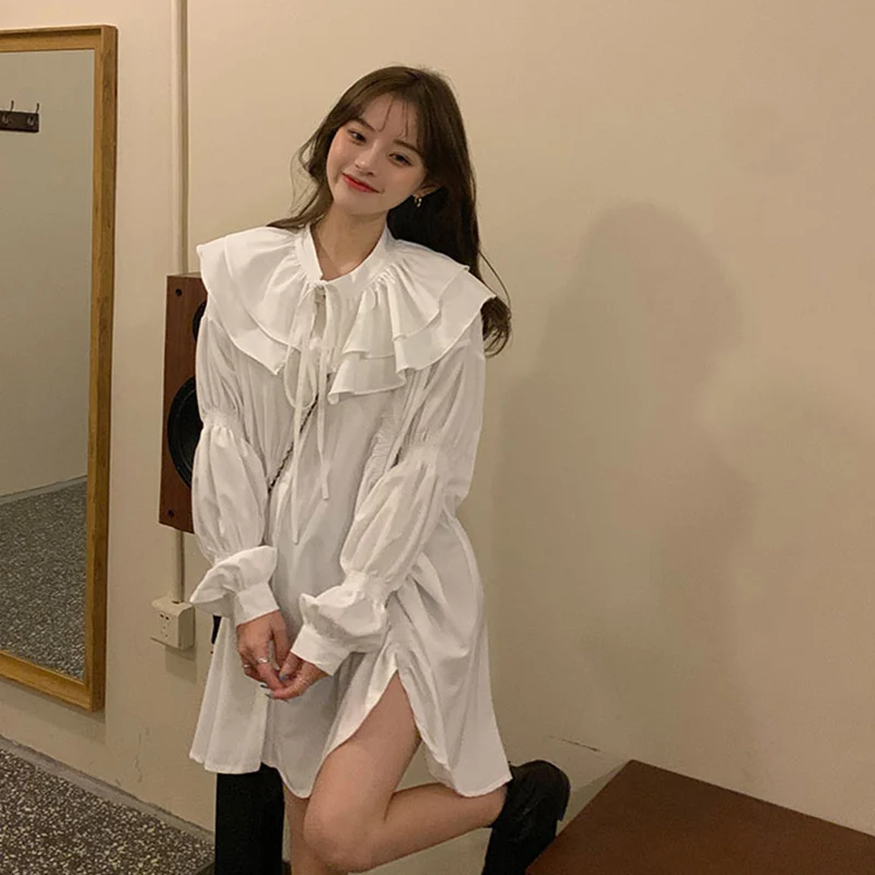 

Женское платье-рубашка с двойным воротником, однотонное Плиссированное Платье-рубашка в Корейском стиле с прохладным дизайном, 2021
