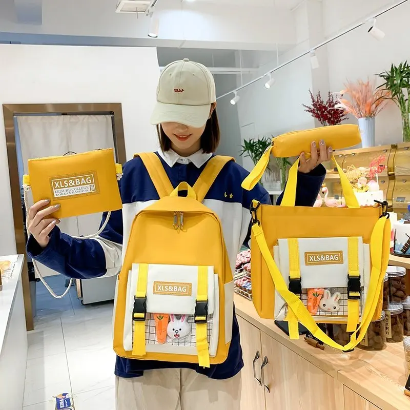 

4 Pcs Set Backpacks Casual School Bag For Teenage Girls Women Backpack Student Cute Canvas Shoulder Bags Kawaii Kids Book Bag