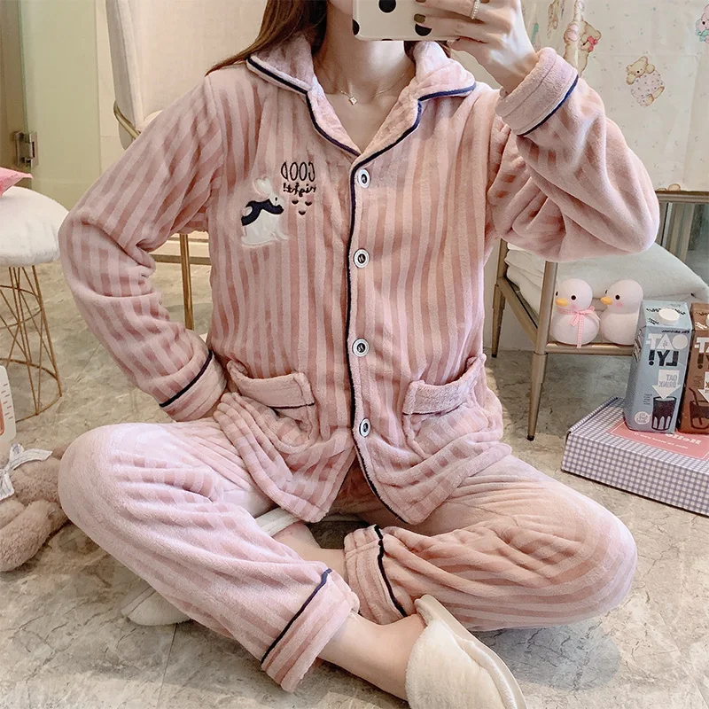 

Pajamas Female Autumn and Winter Scarf Rabbit Thick Coral Fleece Cardigan Flannel Warm Loungewear Set May Outerwear