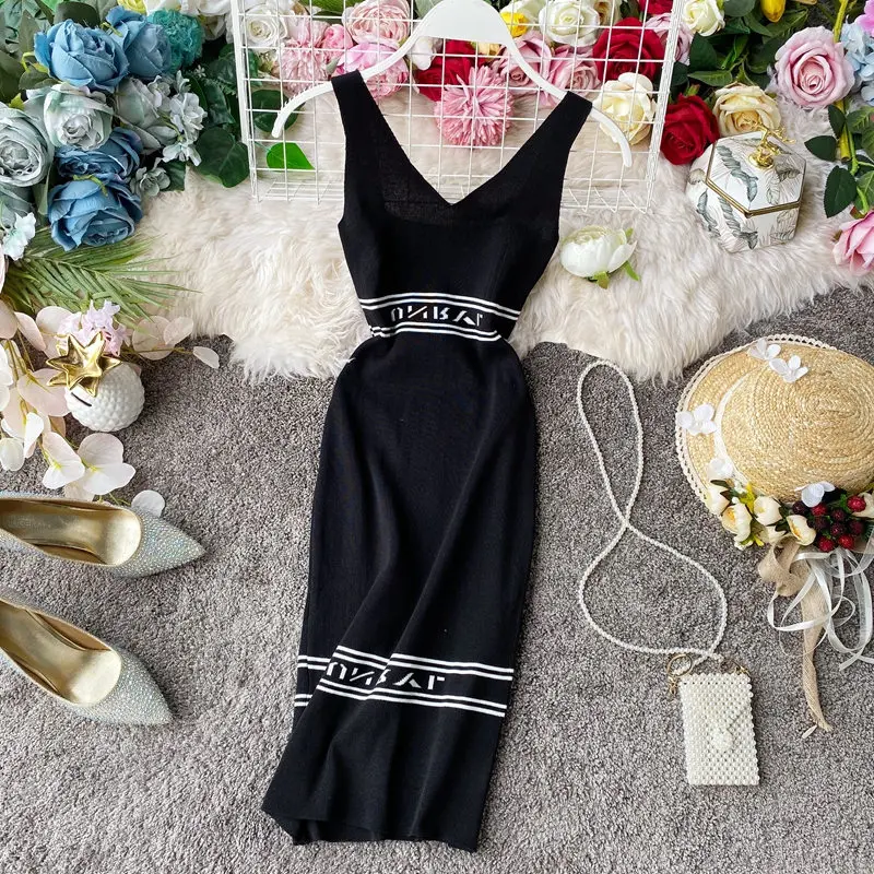 Женское трикотажное платье на бретельках LUOSHA обтягивающее свитер с v образным