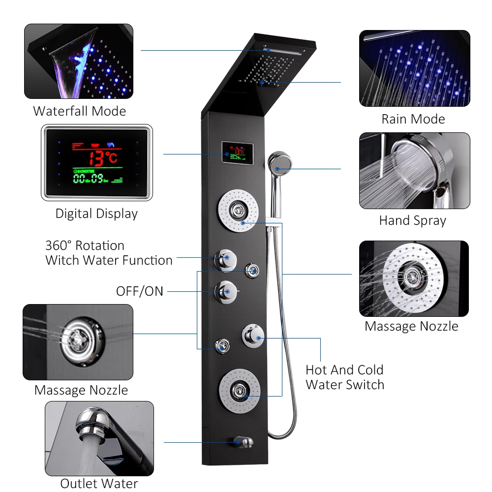 Kopen Zwart/Geborsteld Led Licht Douche Temperatuur Screen Panel Badkamer Waterval Rain Douchekraan Bad Mengkraan Met Handdouche