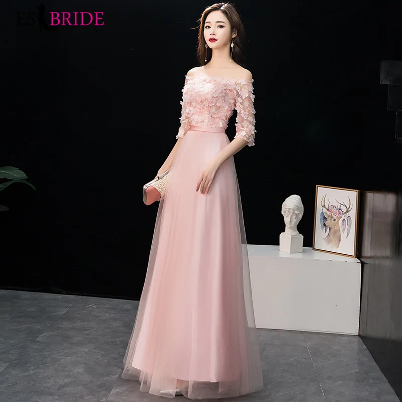 Женское вечернее платье в мусульманском стиле розовое элегантное с кружевной