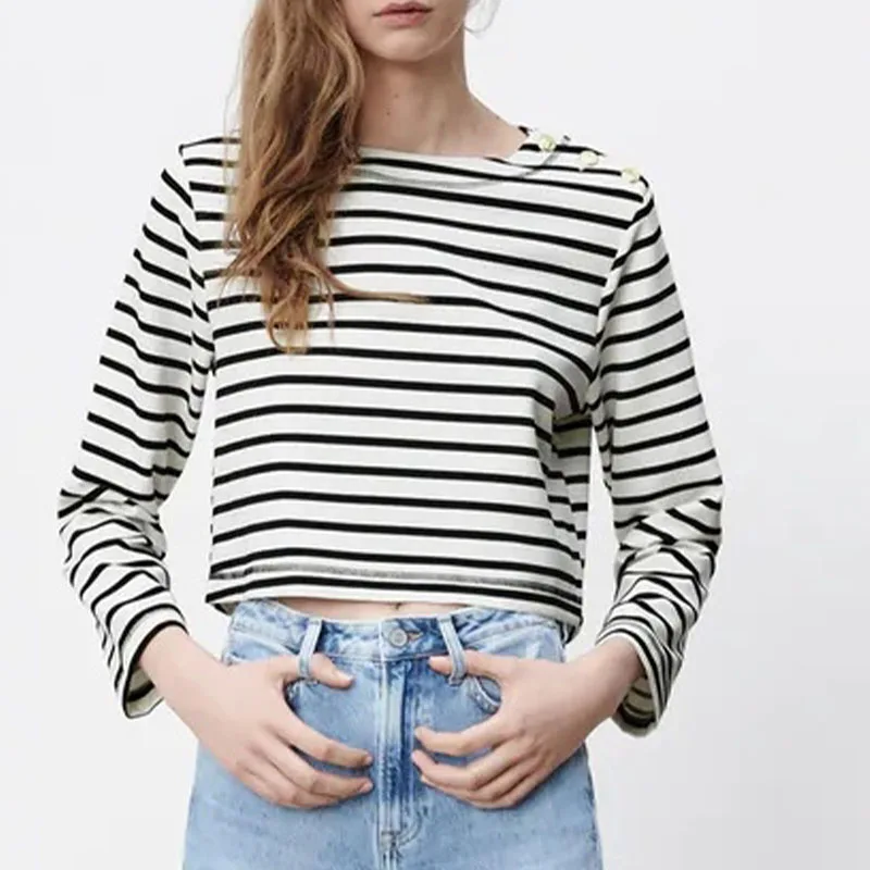 

KUMSVAG Women Summer Casual Striped Blouses Shirts Tops 2021 ZA O-Neck Full Sleeve Female Fashion Street Top Clothes Blusas