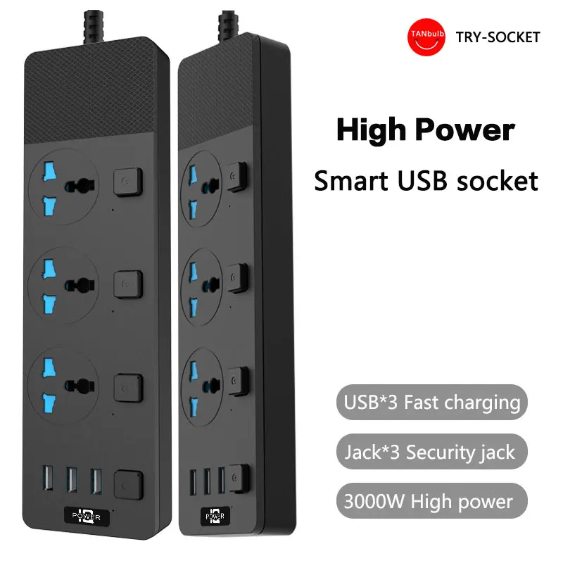 

Smart Socket power ON/OFF Power Strip16AC Universal Outlets 3 USB Charger Ports 2M Extension Socket Plug
