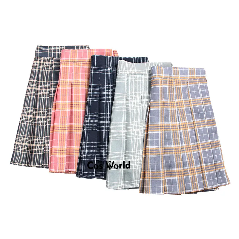 Japanese XS-XXL Girl's Summer A-line High Waist Pleated Plaid Skirts School Uniforms Students Cloth
