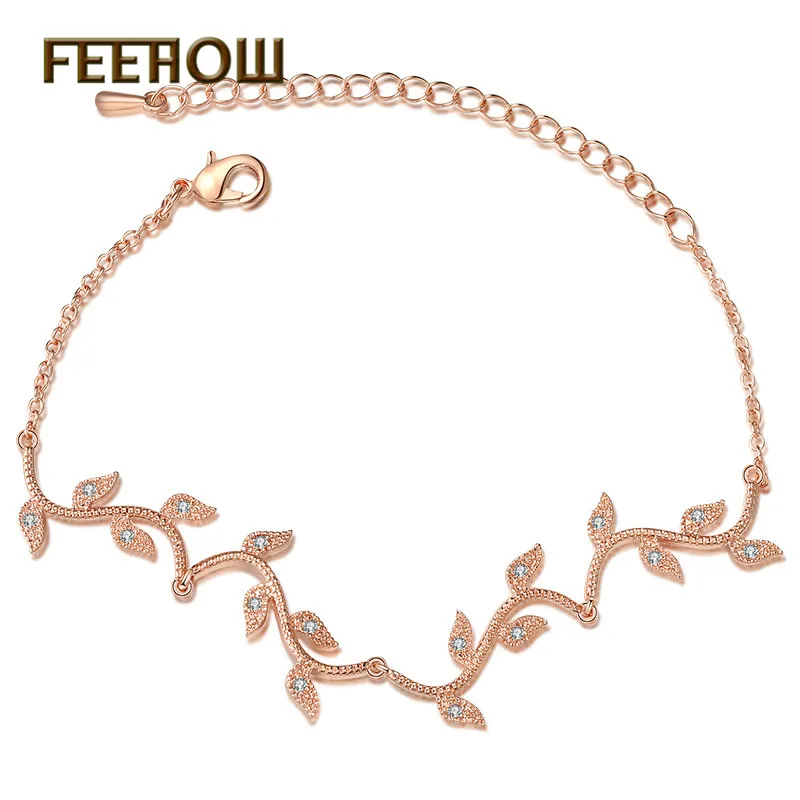 Rose Gold FEEHOW, высокое качество, Marquise Cut, прозрачный CZ циркониевый браслет и браслеты для женщин, подарок, модный, кристалл, камень, лист, ювелирное изделие, FWBP061 - Окраска металла: Rose Gold