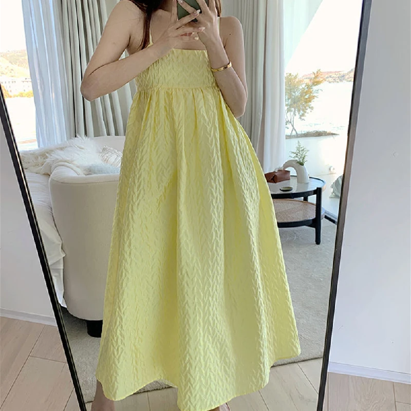 

Korean 2021 Summer Chic Yellow Beach Midi Dress Women Sleeveless Elegant Strap Dress Casual Females Office Lady One Piece Dress