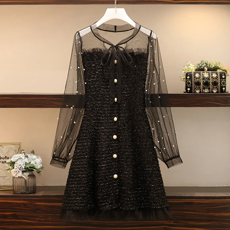 Женское твидовое платье HAMALIEL лоскутное Сетчатое однобортное с бантом и бусинами