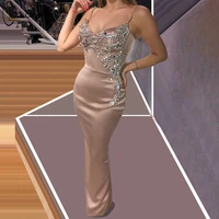 Spaghetti Mermaid Evening Dresses Crystal Beaded Floor Length Satin Evening Gowns Abendkleider Sexy Formal Dress