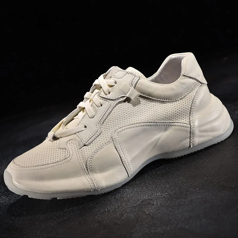 

Summer Mens Breathable Genuine Leather Casual Sneakers Height Increasing Platform Trainers Lace Up Active Shoes White Sneaker
