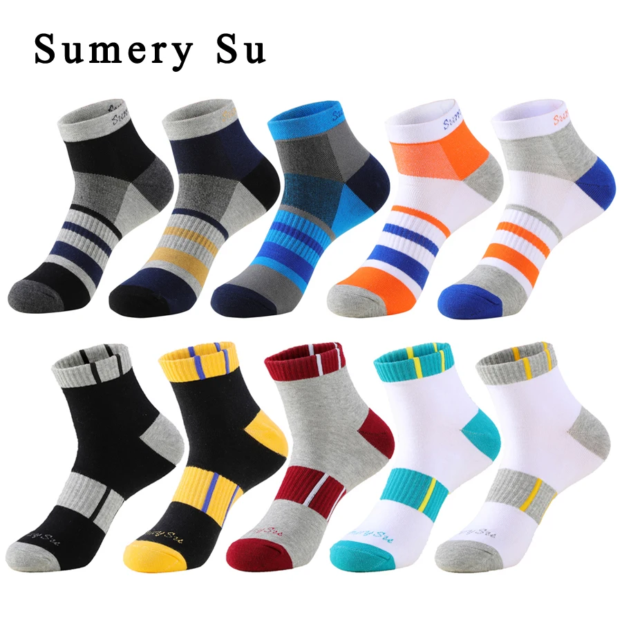 Купи 5 Pairs/Lot Socks Men Running Sport Cotton Absorb Sweat Colorful Stripe Summer Short Ankle Gym Athletic Outdoor Travel Casual за 793 рублей в магазине AliExpress