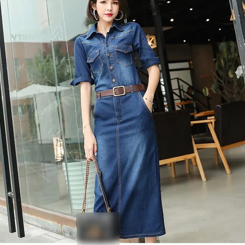 3Xl осень весна женское плюс размер офисное джинсовое платье Ковбойское с поясом