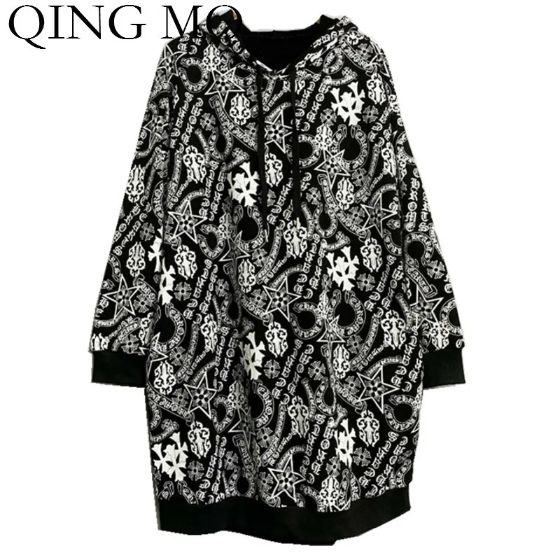 QING MO/модный бренд женское черное платье с принтом надеваемое через голову