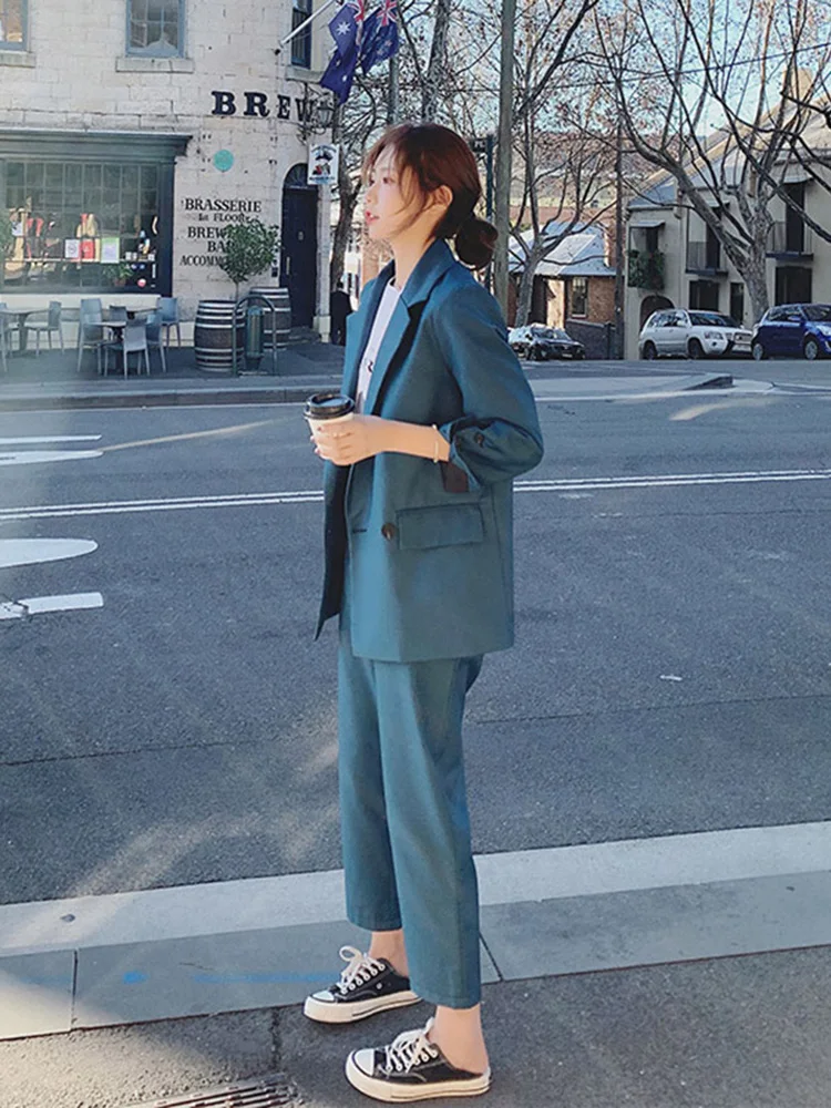 Женские костюмы в Корейском стиле свободное повседневное однотонное синее