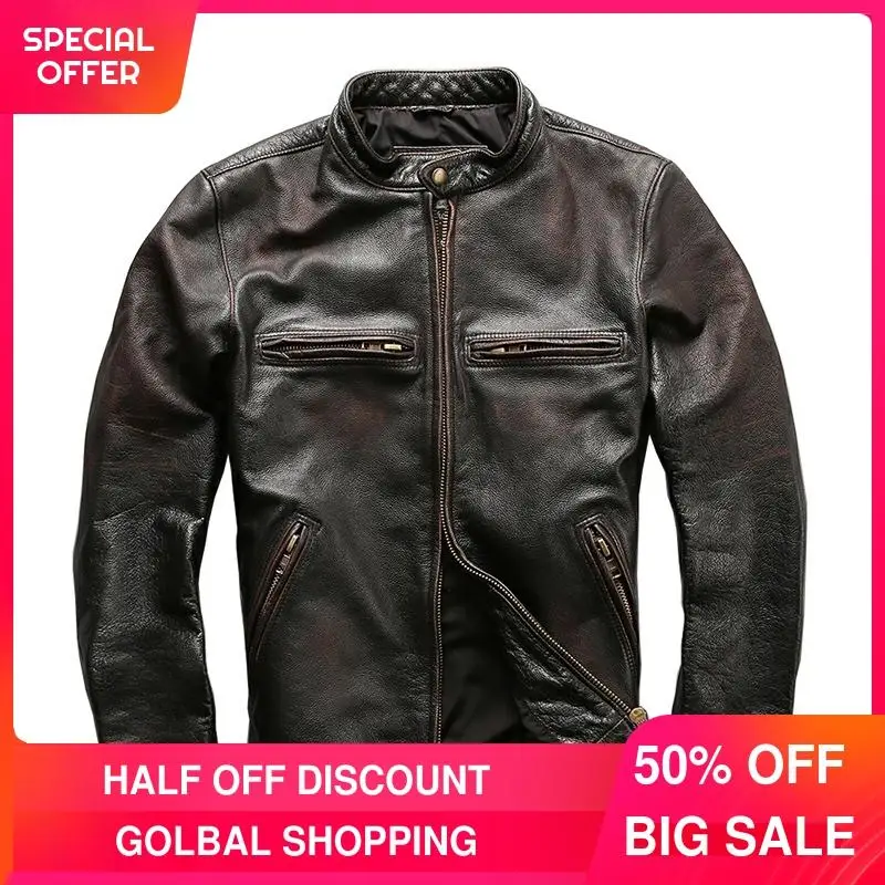 

2021 Vintage Brown Motorcycle Style Genuine Leather Jacket Men Large Size 6XL Real Natural Cowhide Autumn Slim Fit Biker's Coat