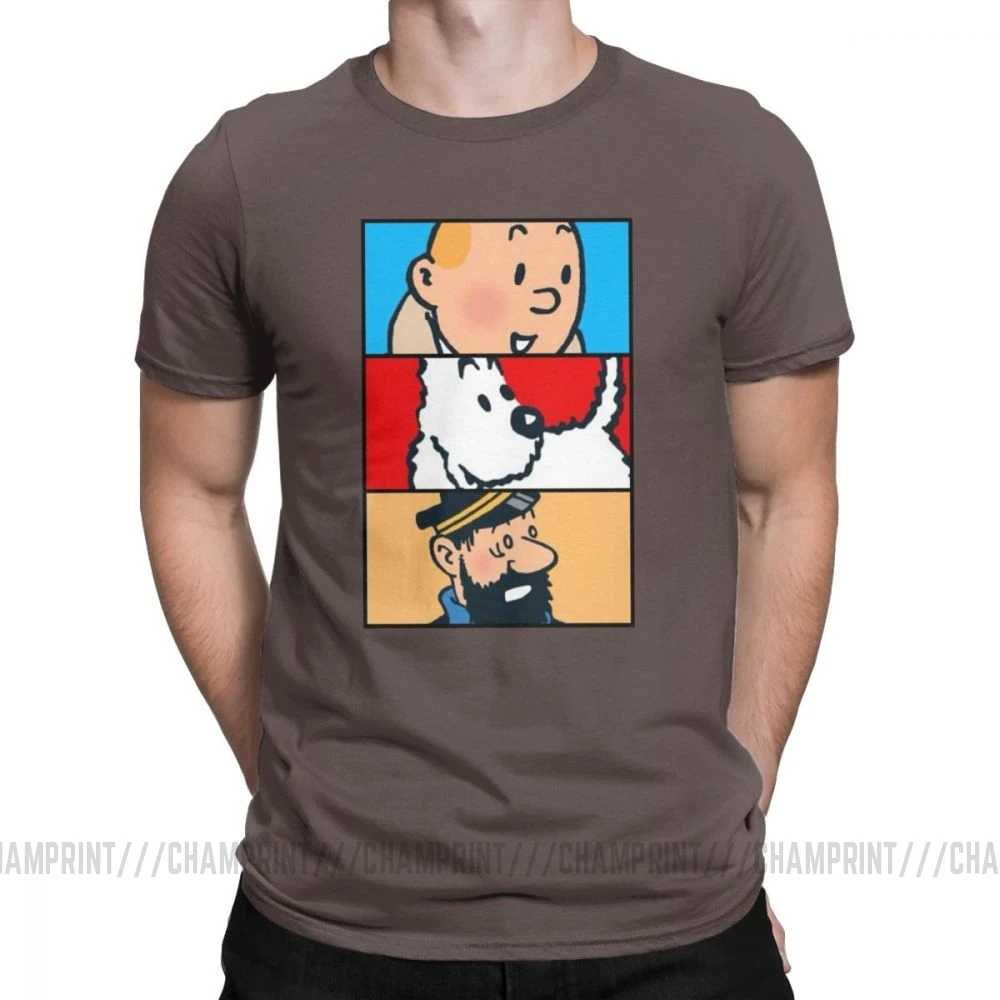Футболка Tintin Milou Haddock The adventures Of Tintin для мужчин, хлопковая футболка с короткими рукавами, одежда 4XL 5XL 6XL - Цвет: Коричневый