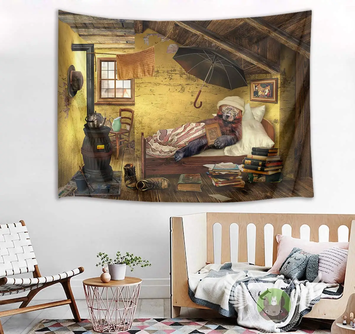 Винтажный гобелен в виде медведя деревянная кабина спутанная спальне старая