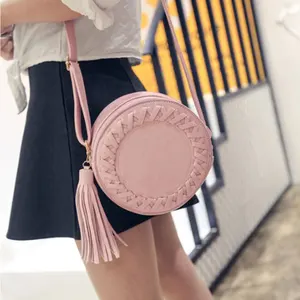 1 шт., милые женские круглые сумки, сумка на плечо, вязаная круглая женская сумка с кисточками, летняя однотонная переносная сумка-мессенджер из искусственной кожи