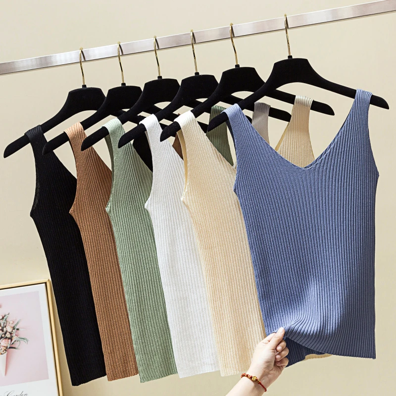Модный однотонный трикотажный топ с V образным вырезом женские корейские
