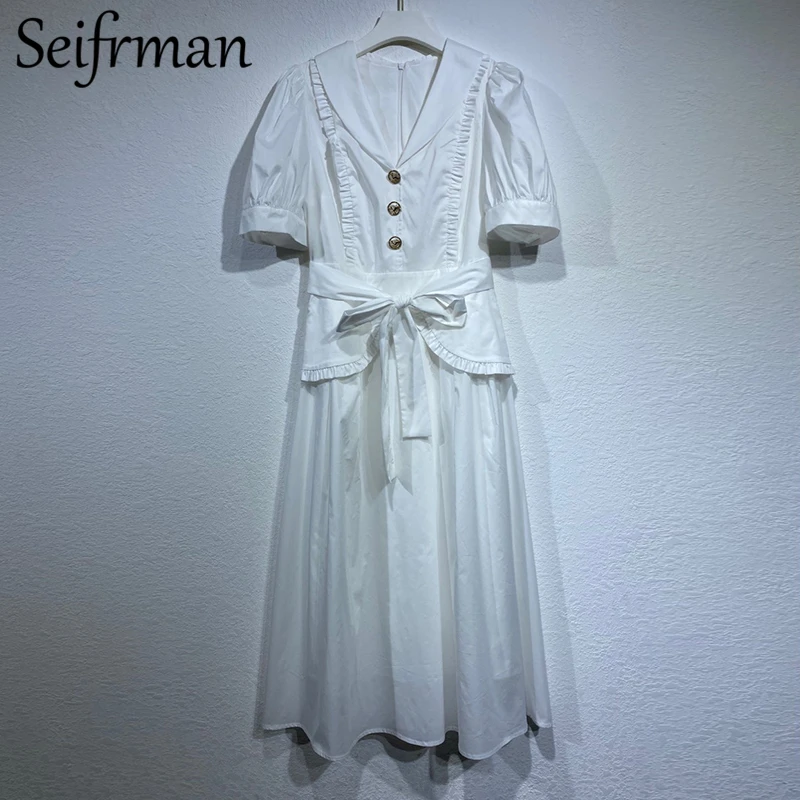 

Seifrmann New 2021 Summer Women Fashion Designer Party Midi Dress Lantern Sleeve Bow Ruffles High Waist Printed Ladies Dress