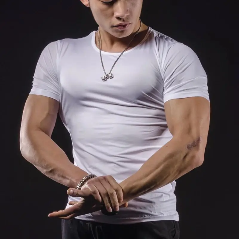 

W0270 - Workout fitness men Short sleeve t shirt men thermal muscle bodybuilding wear compression Elastic Slim exercise clothing