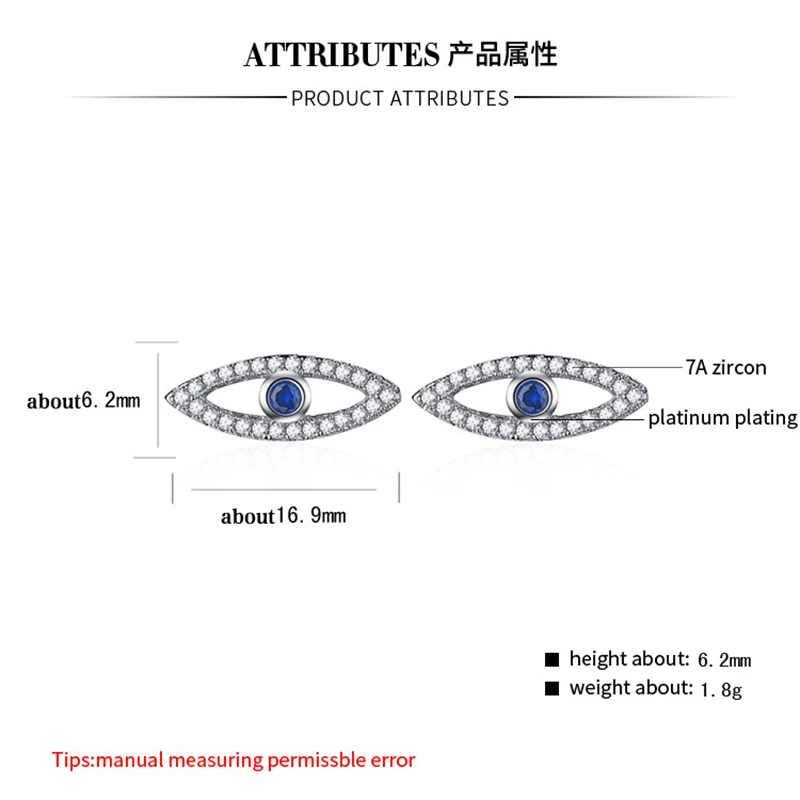 Joseph Mola 925 Sterling Silver Turkish Blue Evil Eye Earring Sapphire 7A Zircon Crystal Stud Earrings Blessing Protect Jewelry | Украшения