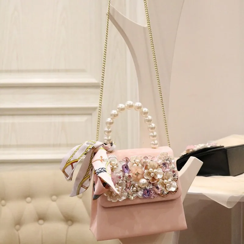 

Elegant Small Ladies Flap Bag Pearls Tote Pu Leather Handbag 2020 Fashion Design Appliques Flowers Diamond Single Crossbody Bags