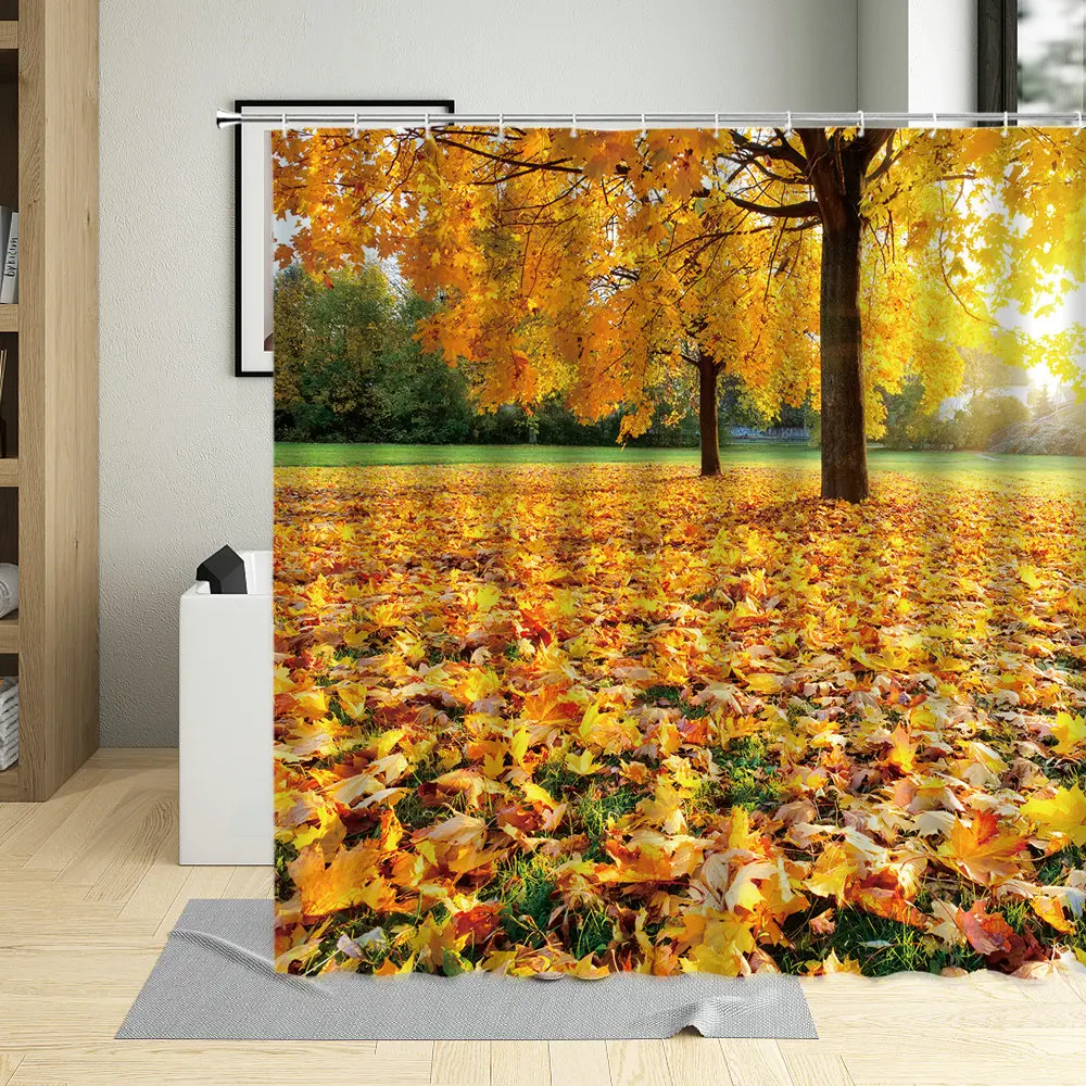 

Autumn Yellow Maple Leaf Shower Curtain Park Fallen Leaves Landscape Bathroom Decor Waterproof Curtains Screen With 12 Hooks
