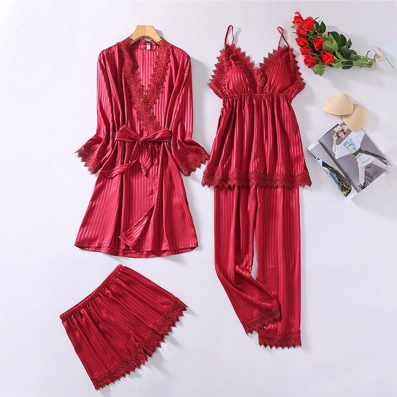 

Harajpee Women Pajama 2021 Summer French Sexy Alluring Style Lace Side V-Neck Sling Trousers Nightgown Four-Piece Home Wear Suit