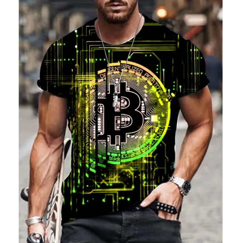 

2021 Summer New Men Short-sleeved Loose T-shirt Bitcoin 3d Printing Slim Round Neck Pullover Male Casual Streetwear