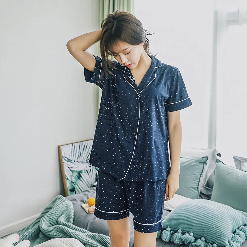 Женская пижама со звездами летняя Хлопковая синего цвета с пуговицами для