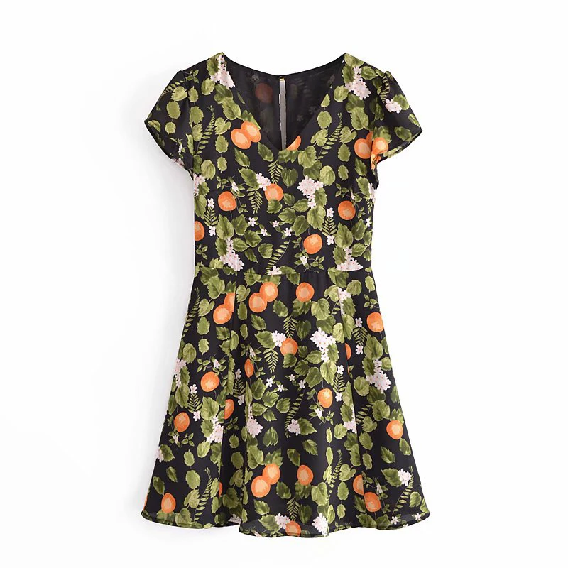 

YENKYE Vintage Leaves Print Chiffon Dress Women Summer A-line V Neck Short Sleeve Dress Female Holiday Prairie Chic Mini Vestido