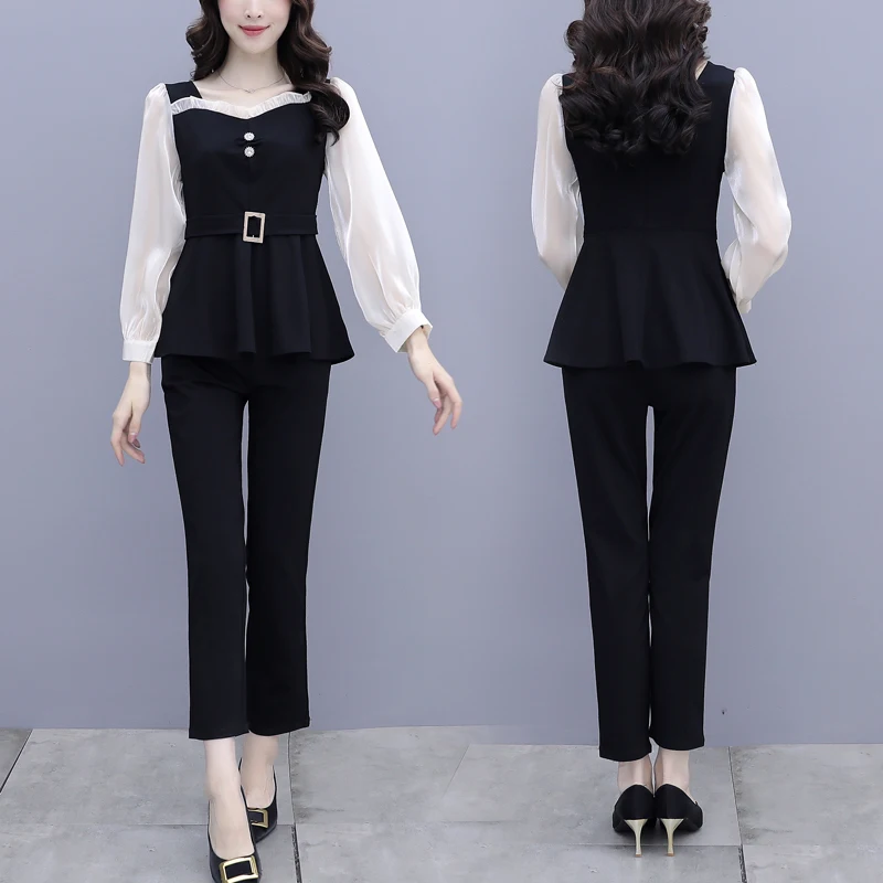 

2020 Autumn Suits New Korean Fashion Long-Sleeved Blouse Shirt Belt Pants Two-Piece Clothing Set Outfit Office Leisure Business