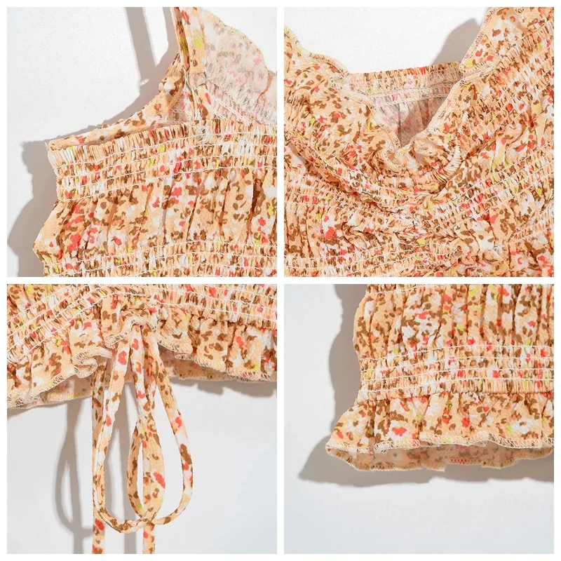 

MosiMolly Chic Floral Print Camisole Tops Women Shirred Ruffle Tops Strap Cropped Shirt 2021 Summer