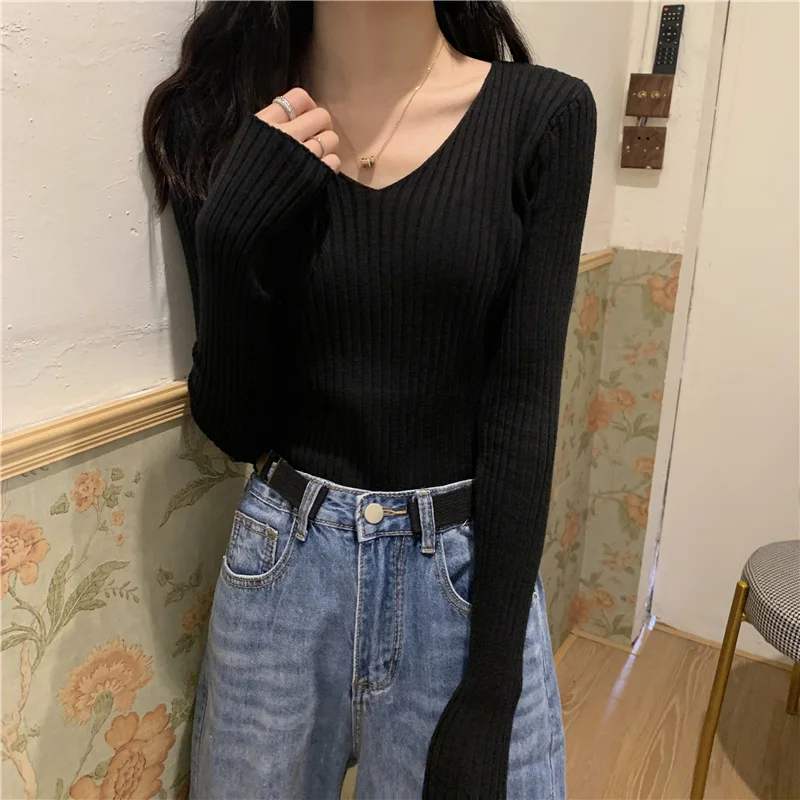 

V-neck Long-sleeved Bottoming Sweater Autumn 2021new Women's Youthful Short Top Fashion