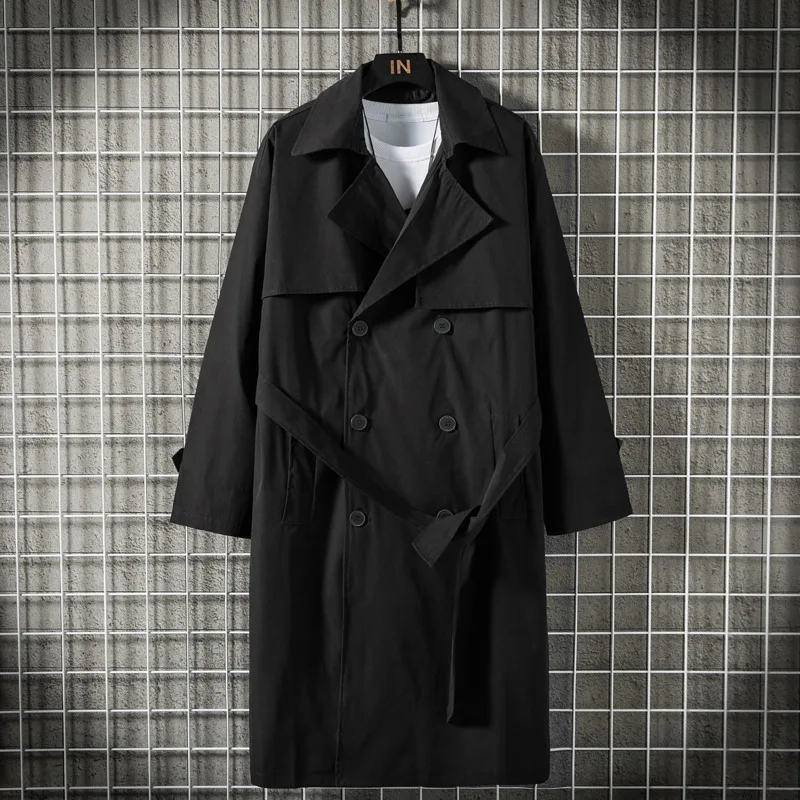 

Мужской двубортный тренчкот до колена, черная ветровка большого размера с длинным рукавом в Корейском стиле, осень 2022