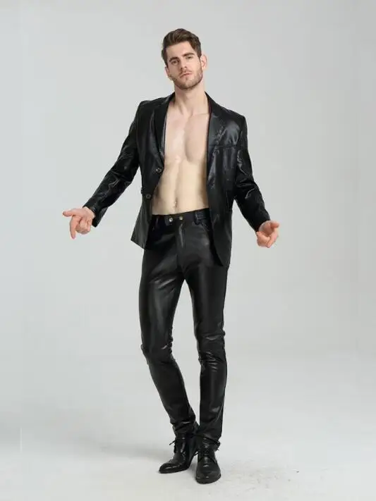 Plus velvet faux leather pants mens motorcycle pu pants fashion tight trousers for men personality pantalon homme black