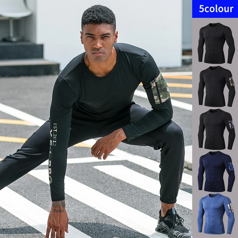 

men's sports long sleeve camouflage pocket exercise fitness running tights high elastic speed dry fitness clothes 91501