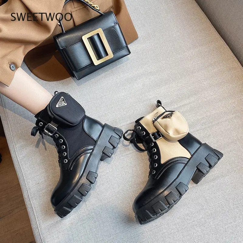 2021 black khaki platform combat and ankle boots women's lace buckle straps women's shoes winter shoes large size boots