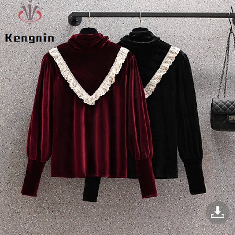 

Turtleneck Velvet Thick Women Tops Autumn Winter Warm Party Pullovers Loose Lace Patchwork Female Long Sleeve T-Shirts KE1115