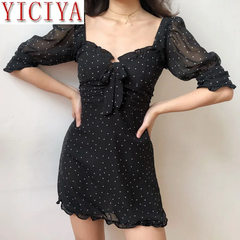 Женское пляжное платье с бантом черное в горошек сердечками и оборками летнее