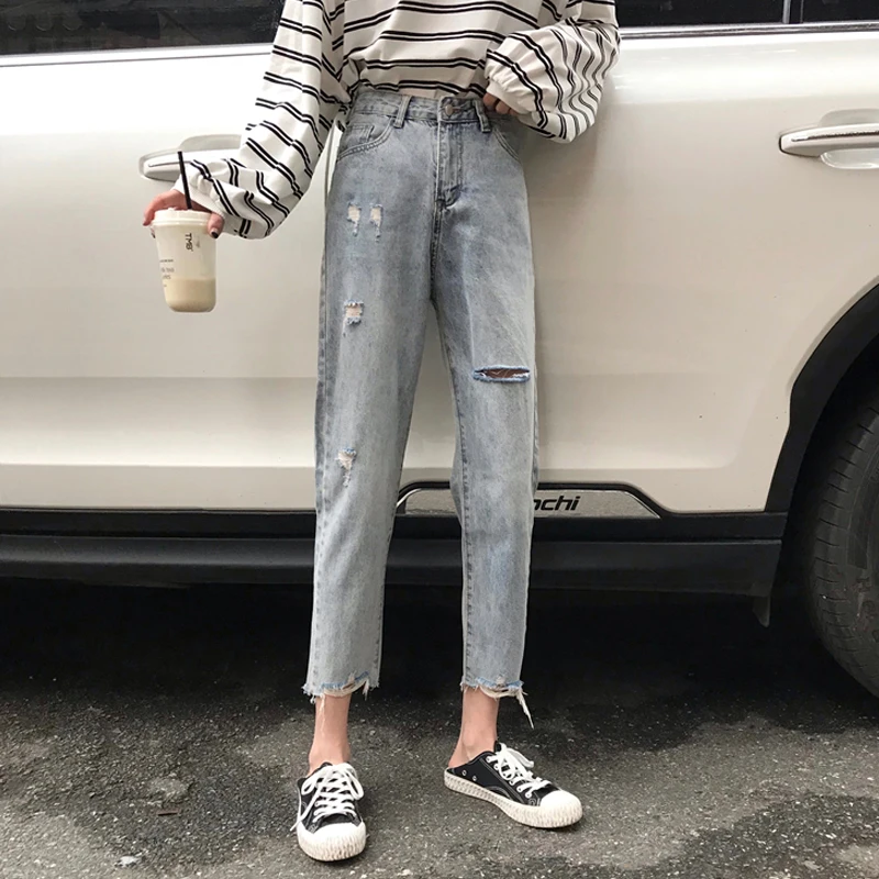 

Internet Celebrity Daddy Pants 2021 Spring New High Waist Cropped Pants Straight Ripped CEC Pants Wide Leg Jeans for Women