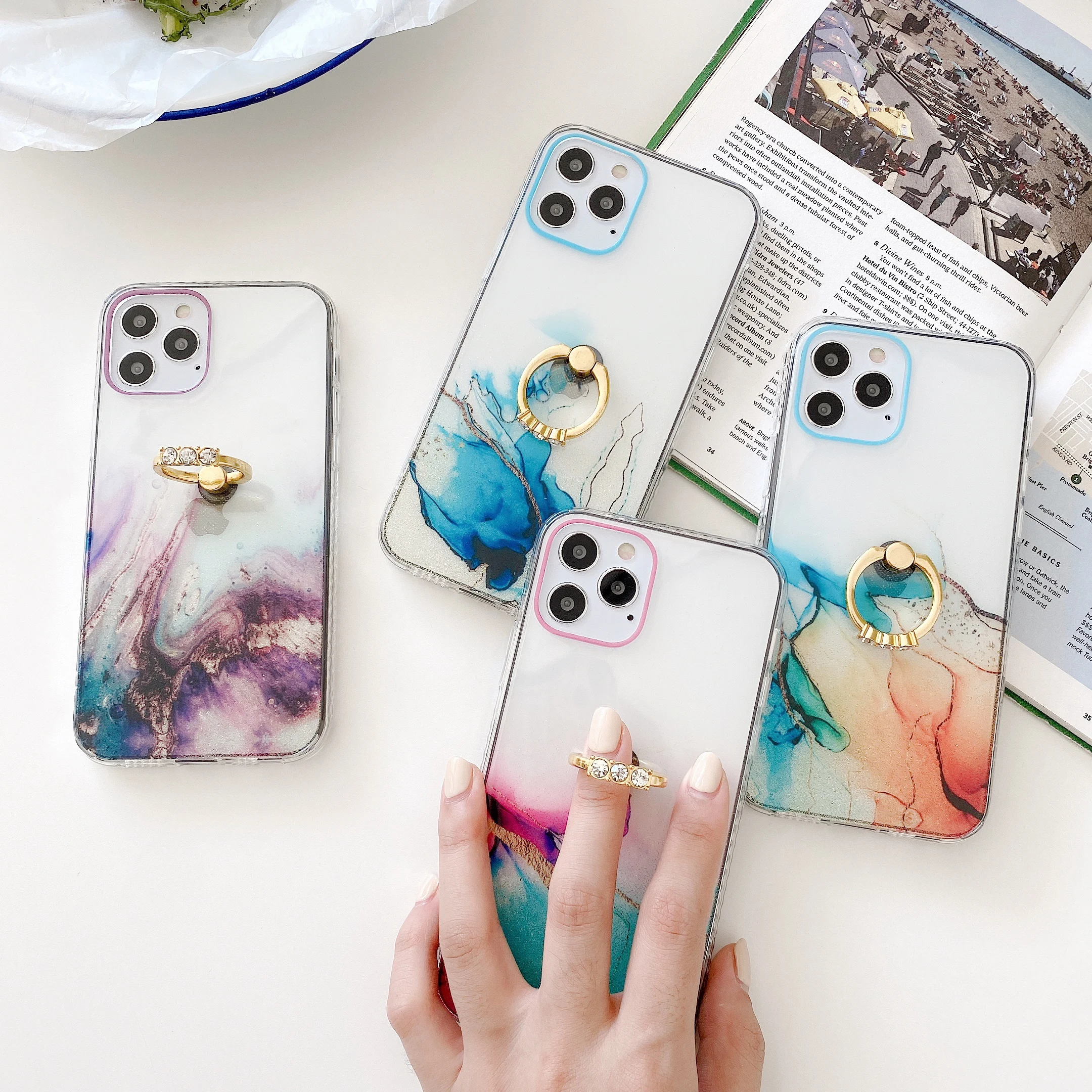 

Dream watercolor with ring shell is suitable for iphone 12 pro case 7/8 plus x xs Max xr/11/mini protective cover