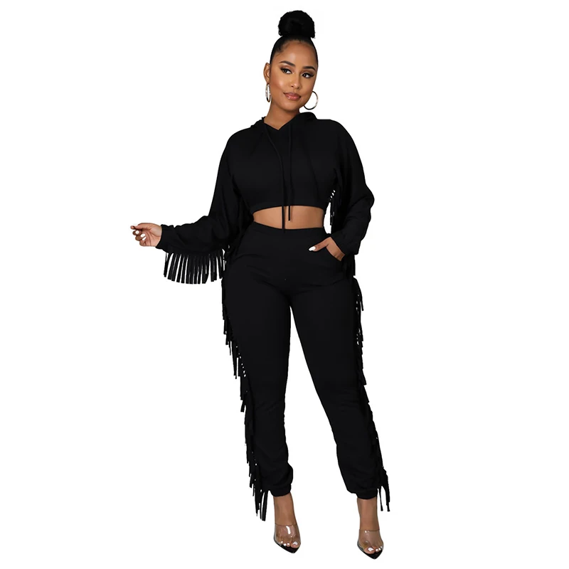 

New Trend Autumn Tassel Leisure Sports Suit High Waist Pencil Pants Long Sleeve Sweatshirt Outdoor Fitness Skinny Two-Piece Set