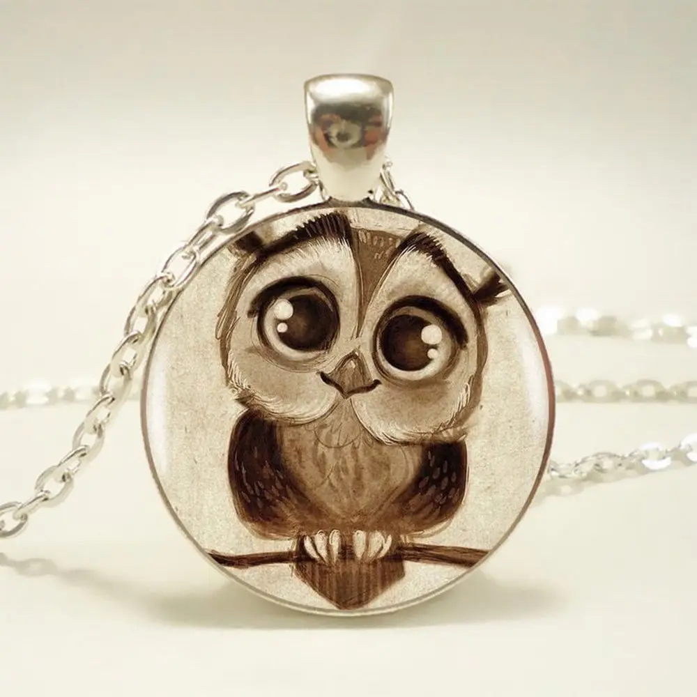 

Vintage Steampunk Owl Photo Cabochon Glass Pendant Chain Necklace Jewelry