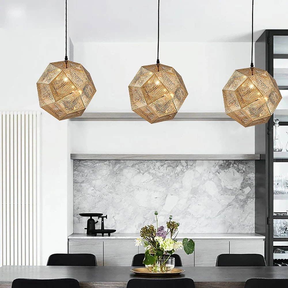 Modern Hollow Faceted Chandelier Stainless Metal Geometric Pendant Light Gold Polyhedron Hanging Light e27 for Bedroom Kitchen