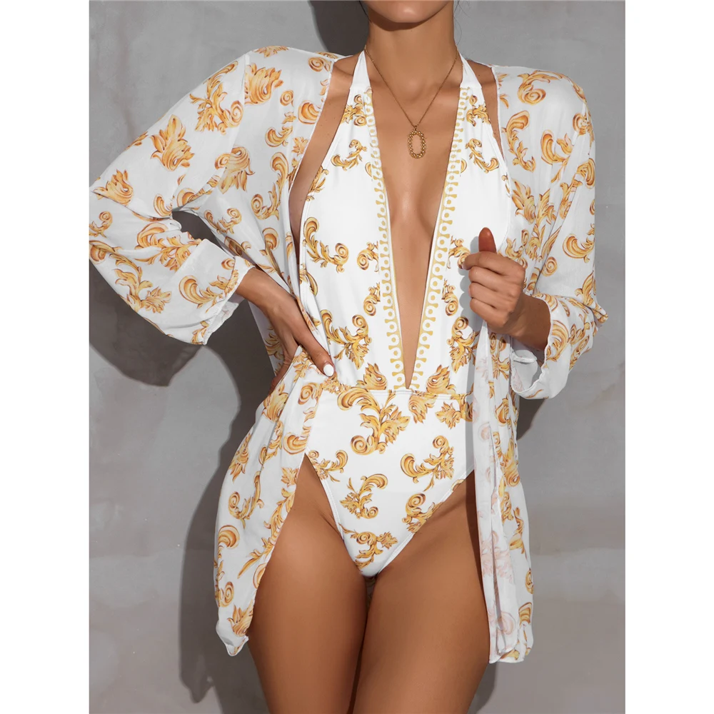 Женский купальный костюм с глубоким вырезом и v-образным белый желтый принтом