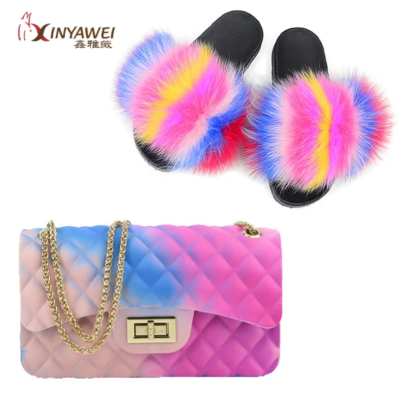 100% fox fur slippers women cute flip flop travel furry shoes jelly bag set fashion | Обувь