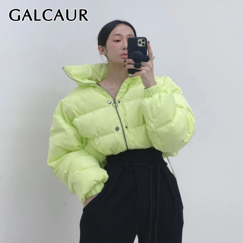 

GALCAUR Korean Fashion Winter Cotton Coat For Women Stand Collar Long Sleeve Solid Casual Minimalist Coats Female Clothing 2021
